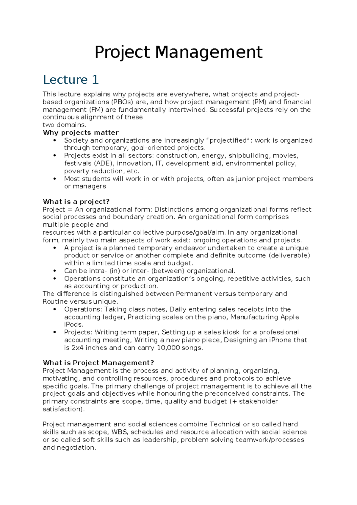 Project Management Lecture 1: Understanding Projects and PM ...