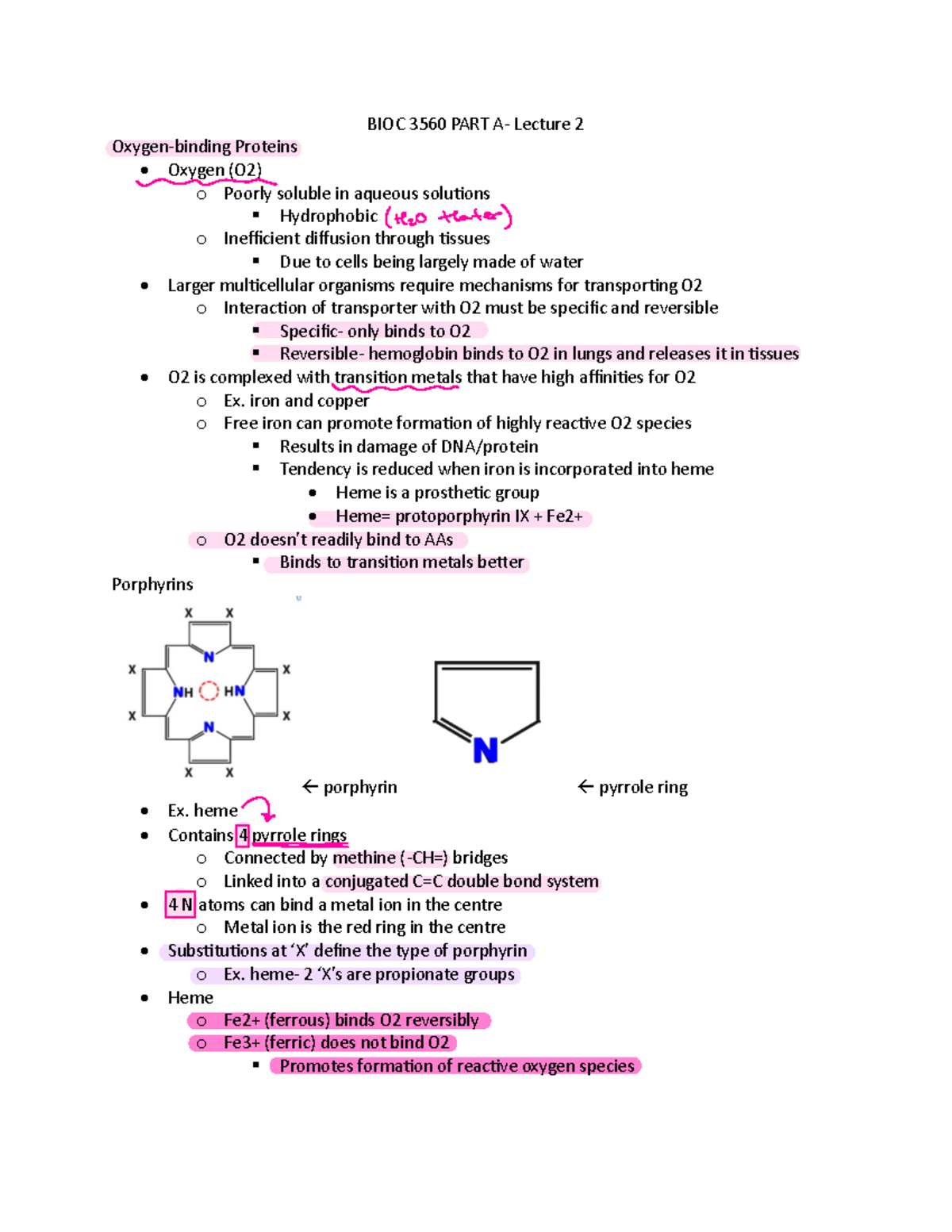 Lecture 2 - BIOC 3560 PART A- Lecture 2 Oxygen-binding Proteins Oxygen ...