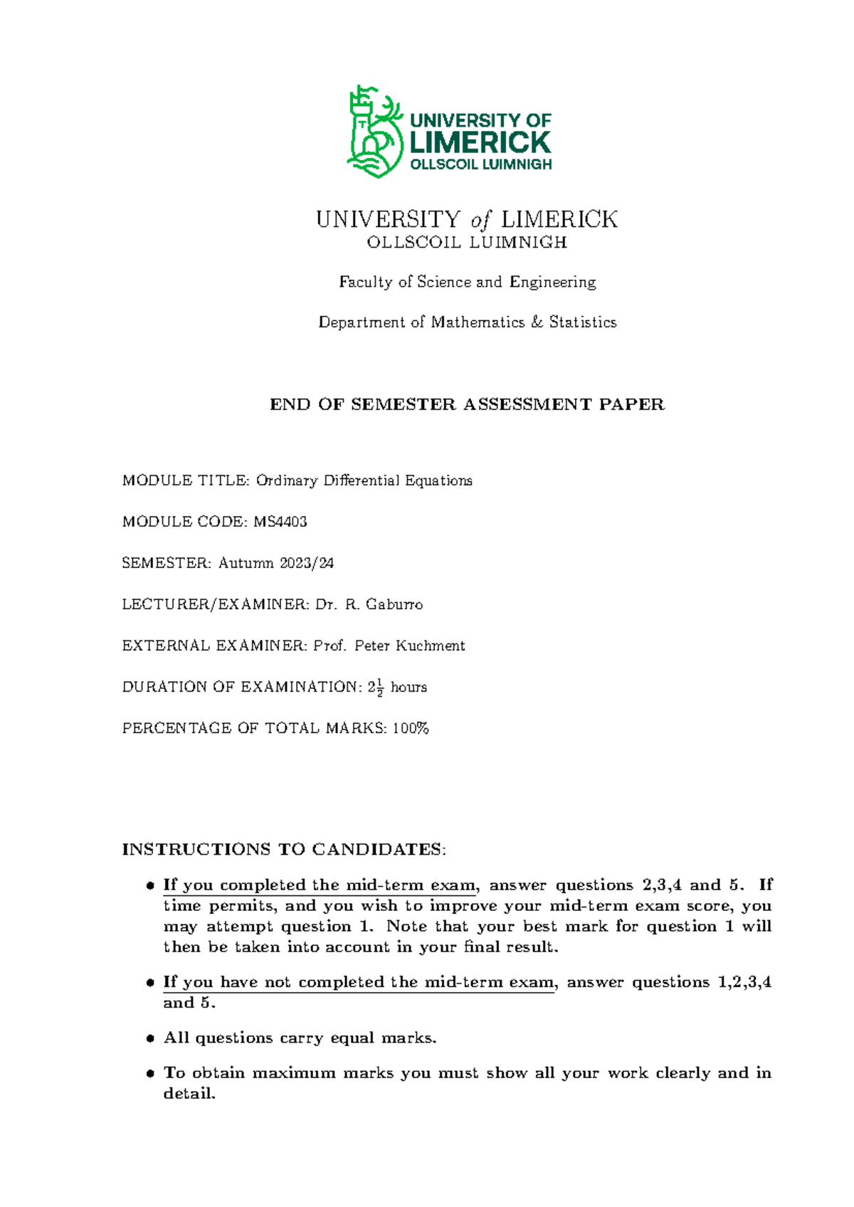MS4403 - Ordinary Differential Equations Final Exam Paper 2023/24 - Studocu