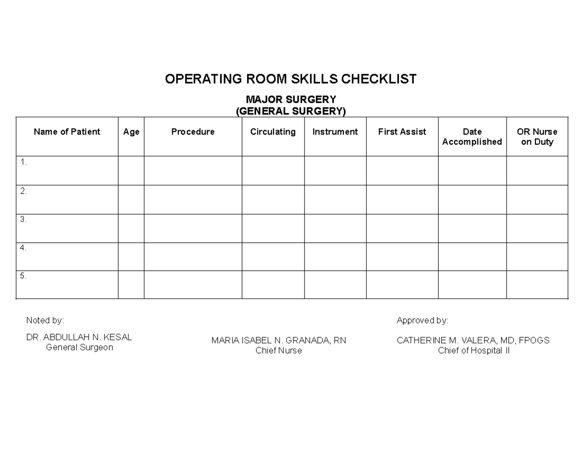 Operating Room Skills Checklist for Major & Minor Surgeries - Studocu
