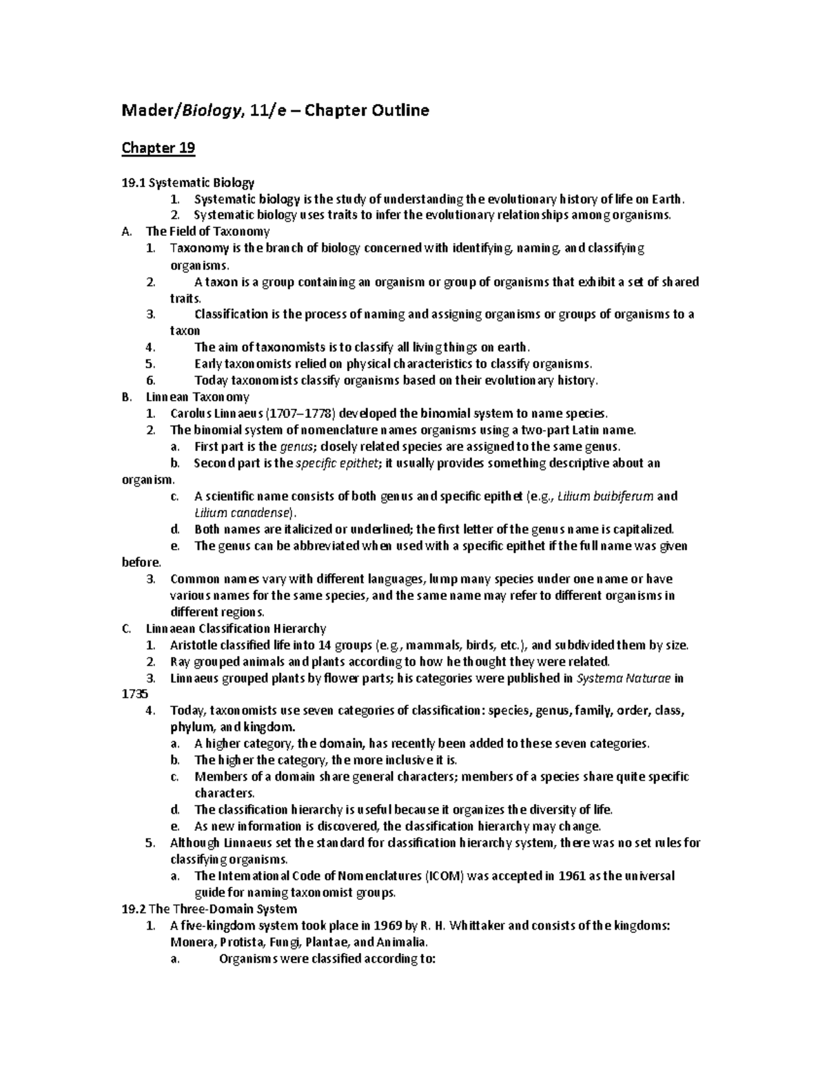 Chapter 19 Outline: Systematic Biology and Taxonomy - Studocu