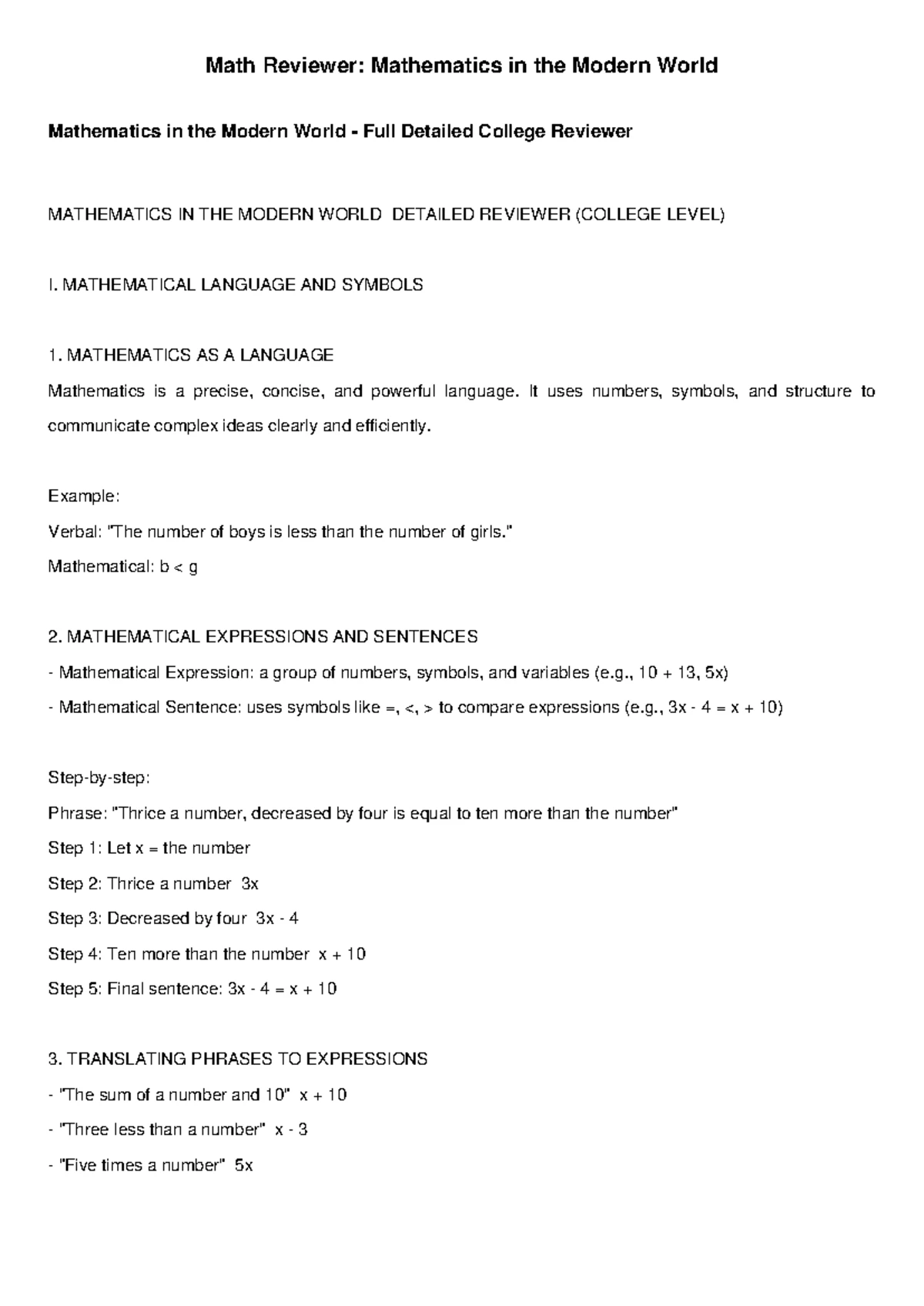 MAT 101: Comprehensive Math Reviewer for Modern World Concepts - Studocu