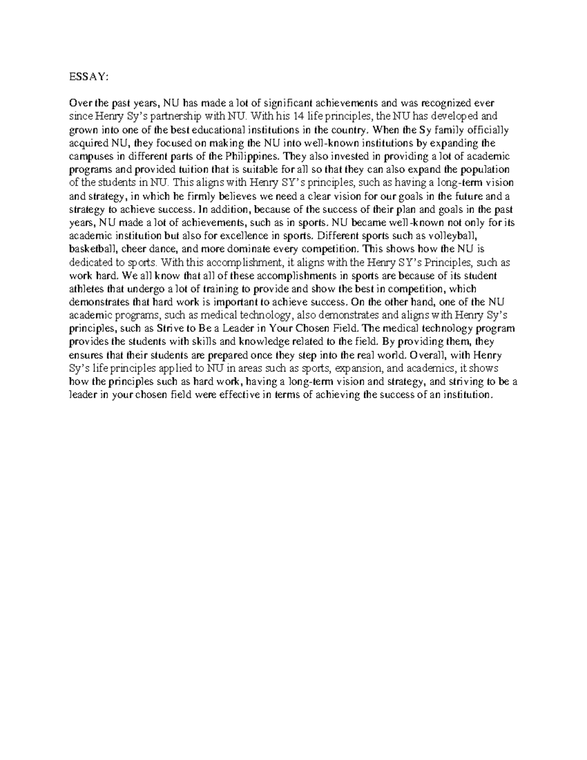 NU Achievements Essay: Contributions, Growth, and Henry Sy's Principles ...