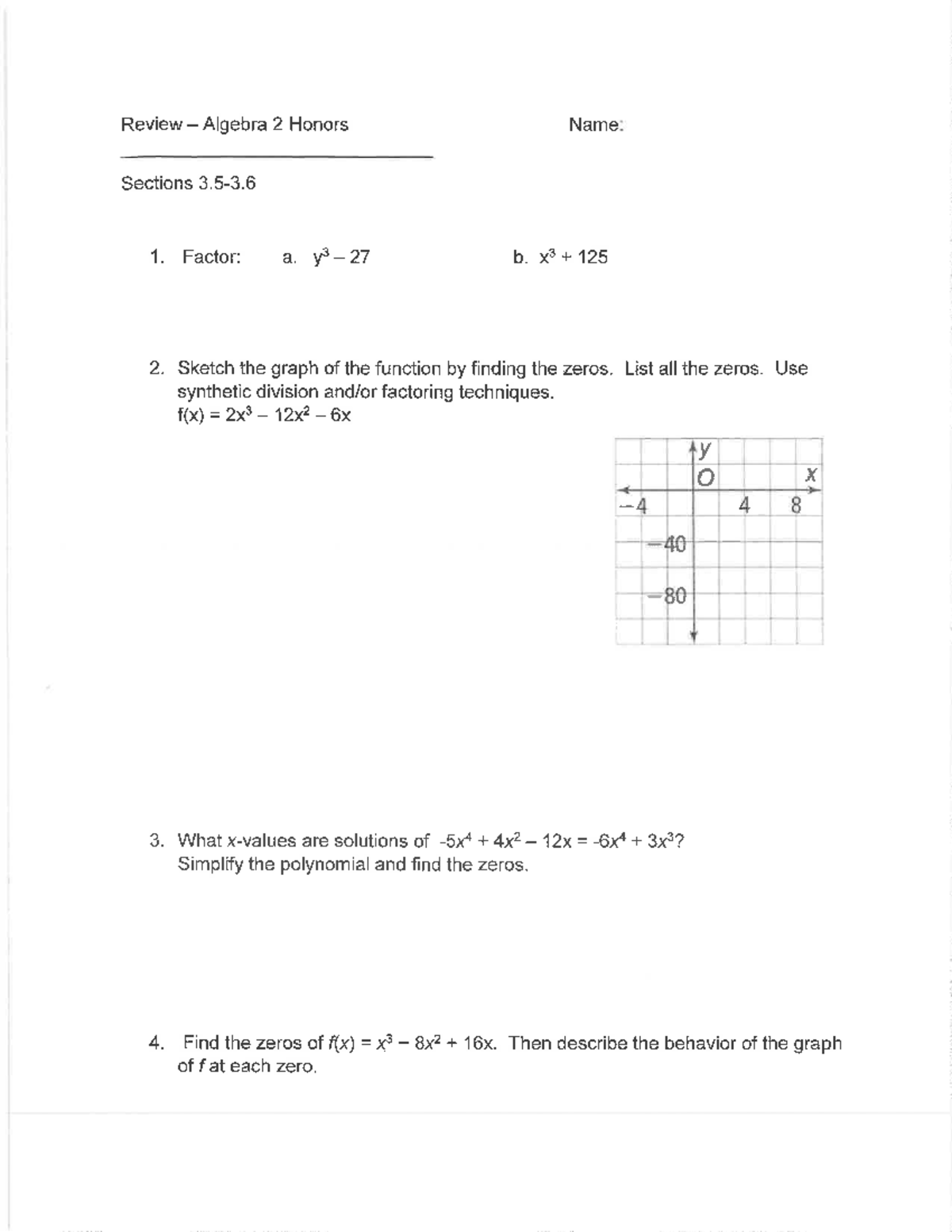 Algebra 2 Honors Review for Test: Factoring & Zeros - Studocu