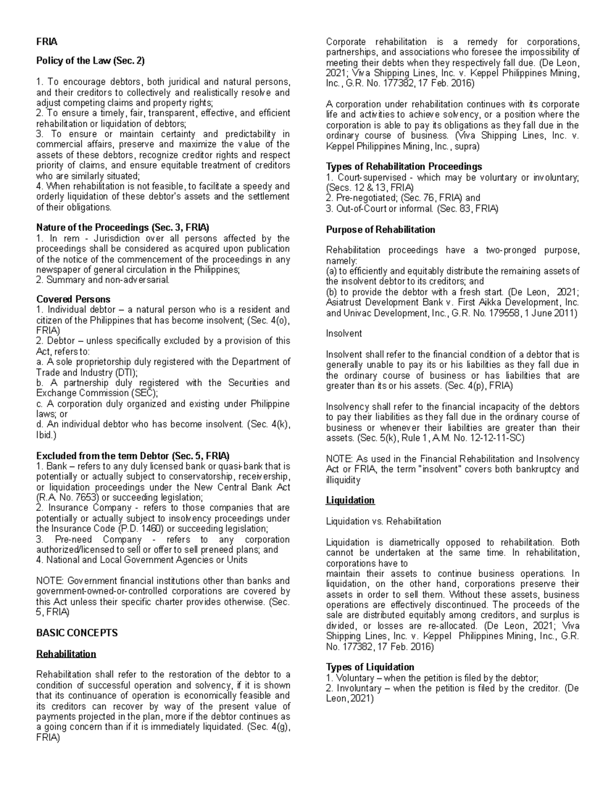 FRIA Notes: Comprehensive Overview of Financial Rehabilitation - Studocu