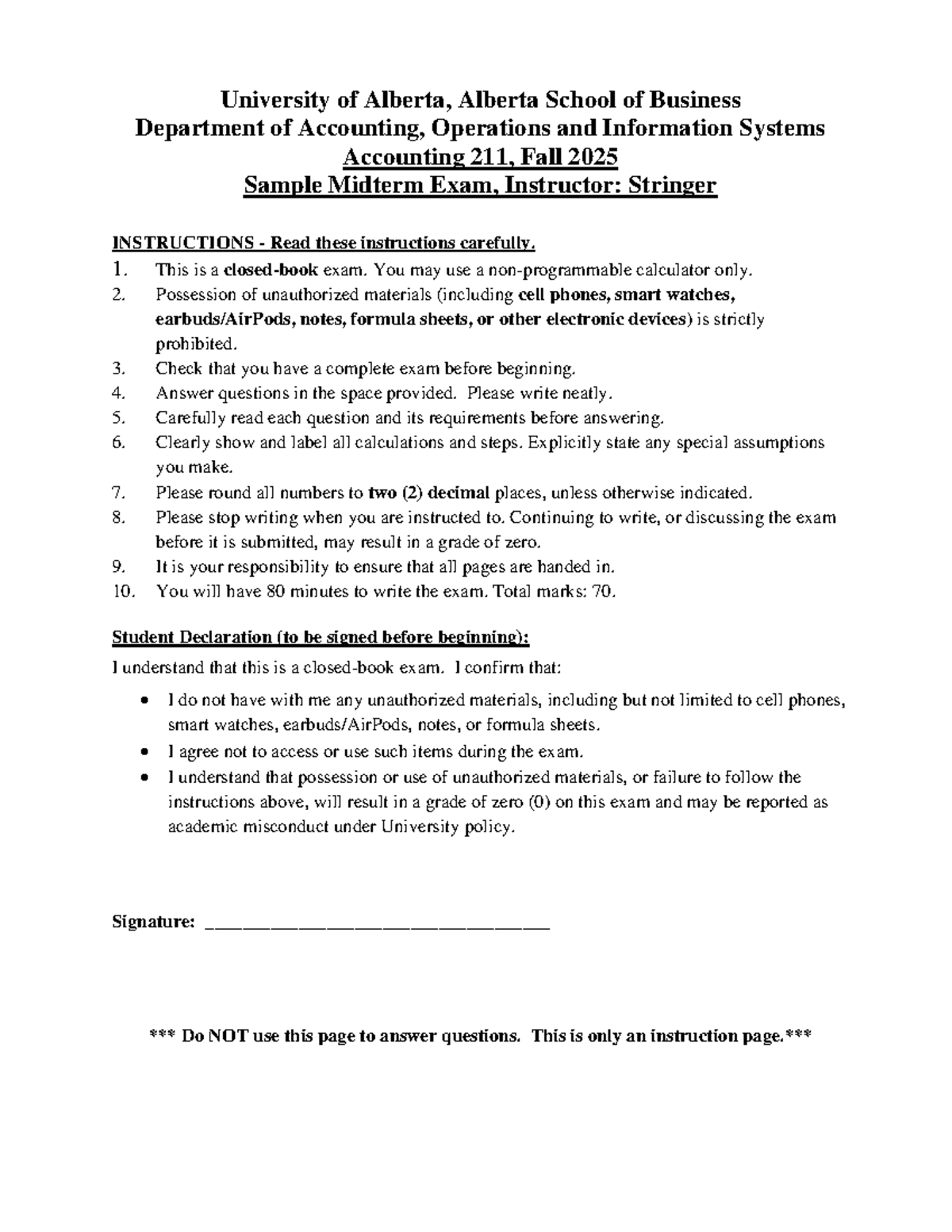 Acctg 211 Sample Midterm Exam Instructions & Questions - Fall 2025 ...
