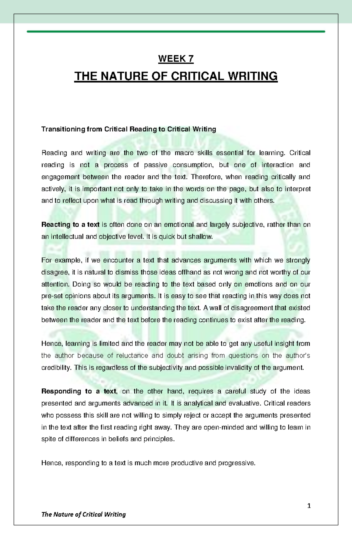 Week 7 - THE Nature OF Critical Writing - 1 The Nature of Critical ...