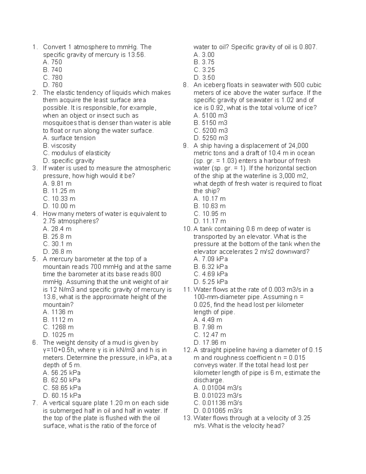 MAY2015 HGE Fluid Mechanics Quiz and Problem Set - Studocu
