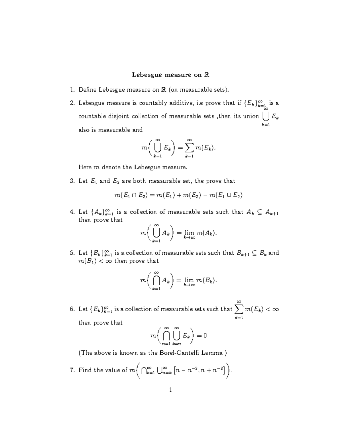 Problem-list-3 - assignment - Lebesgue measure on R Define Lebesgue ...