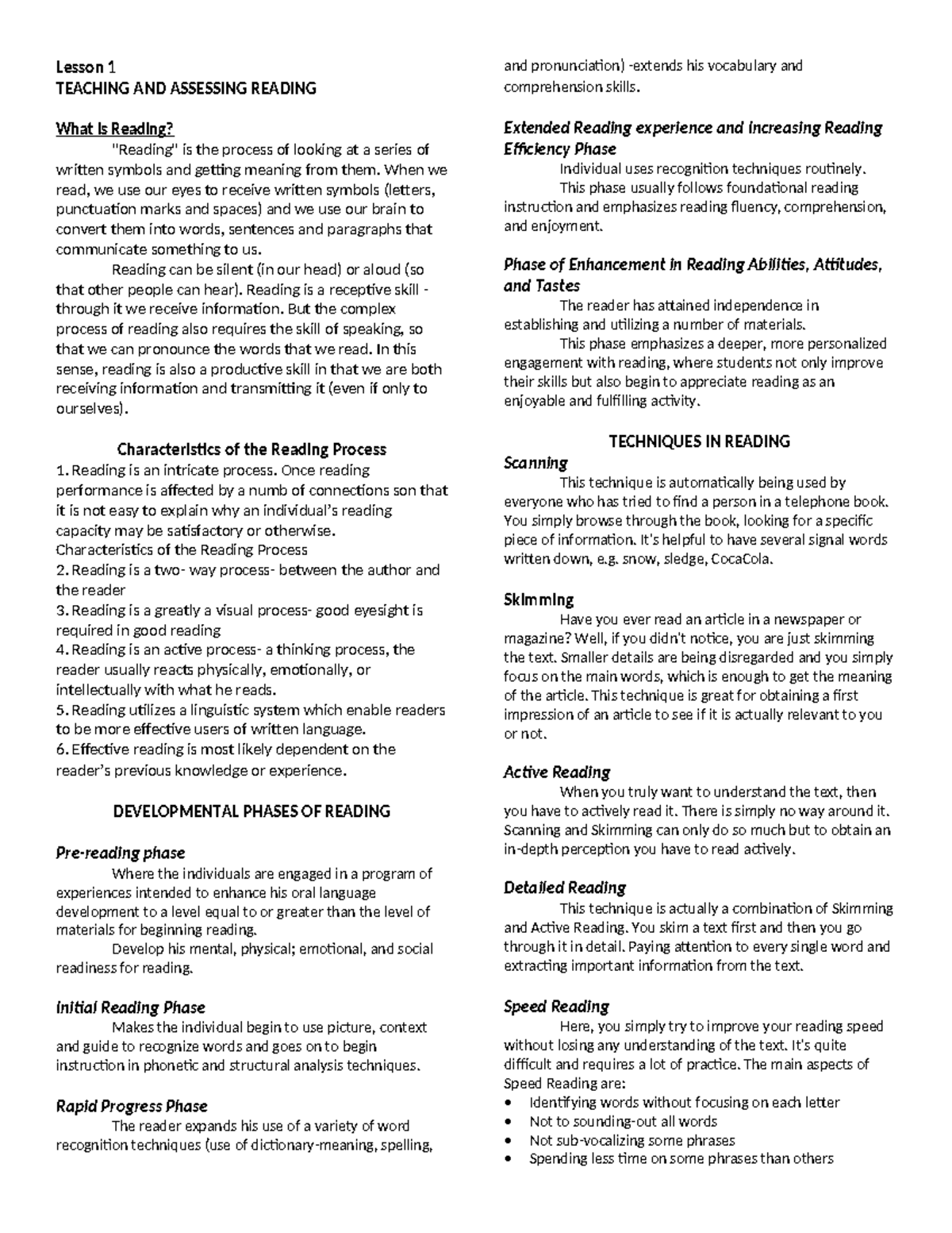 TEACHING & ASSESSING READING: A Comprehensive Lesson Guide - Studocu