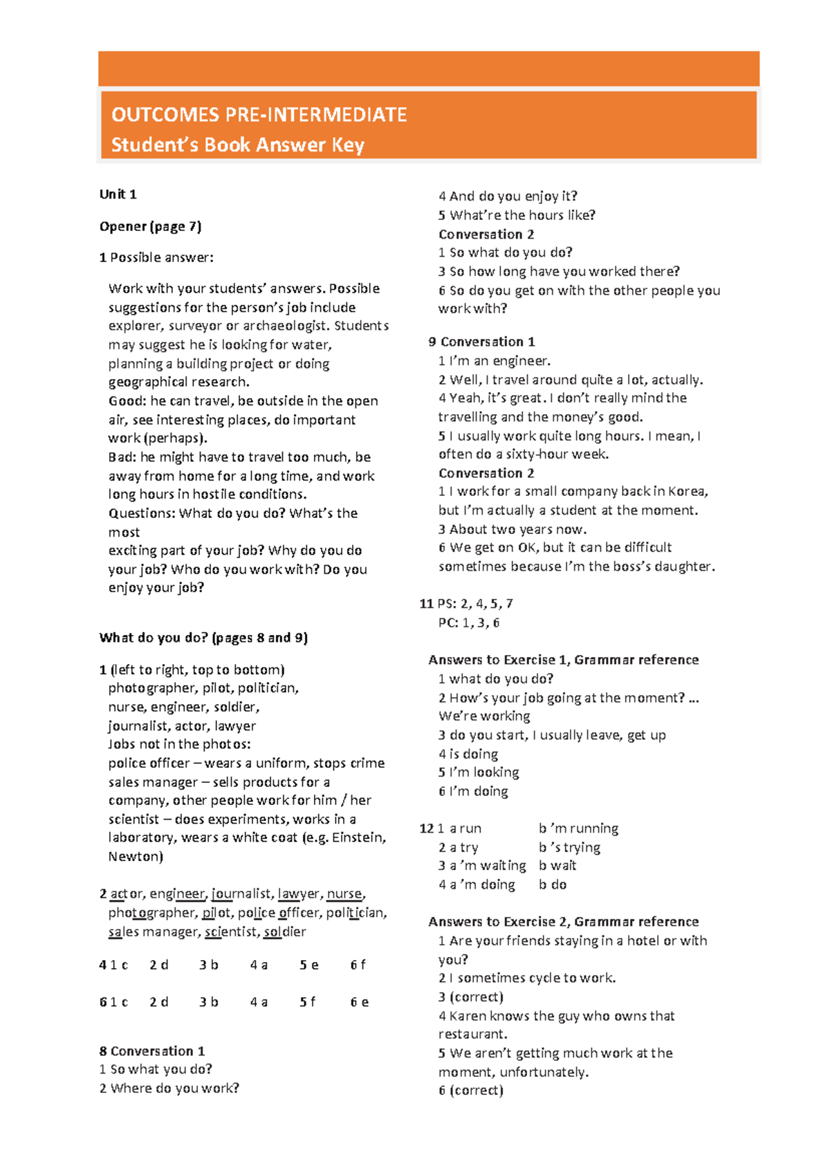 Outcomes Pre-Intermediate Student's Book Answer Key: Comprehensive ...