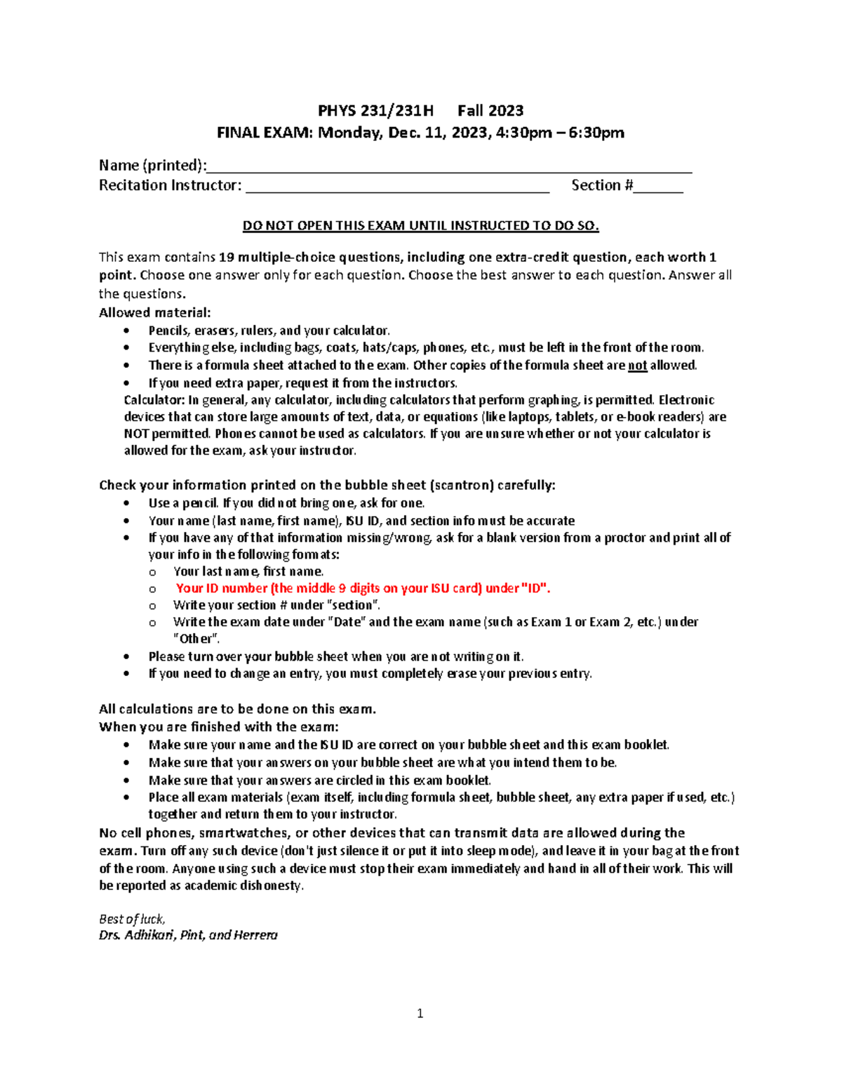 PHYS231 Fall 2023 Final Exam Guidelines and Practice Questions - Studocu