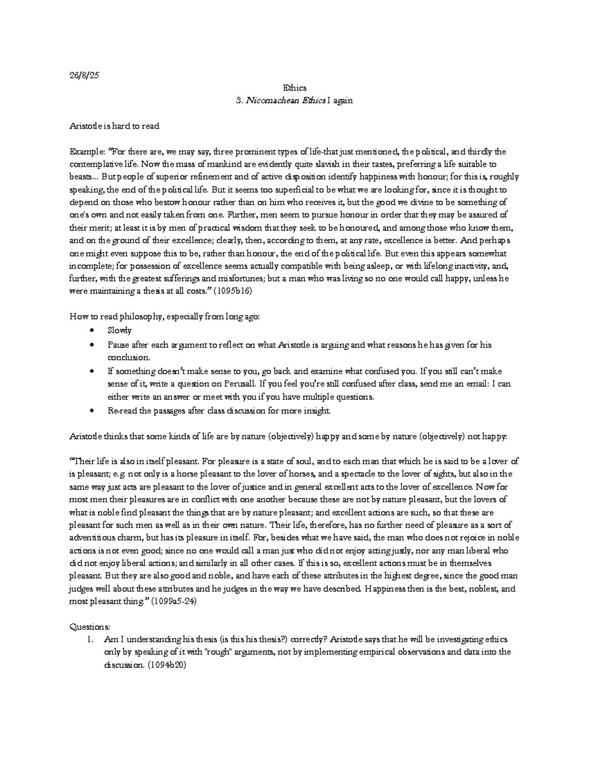 Ethics 3: Lecture Notes on Nicomachean Ethics I by Aristotle - Studocu