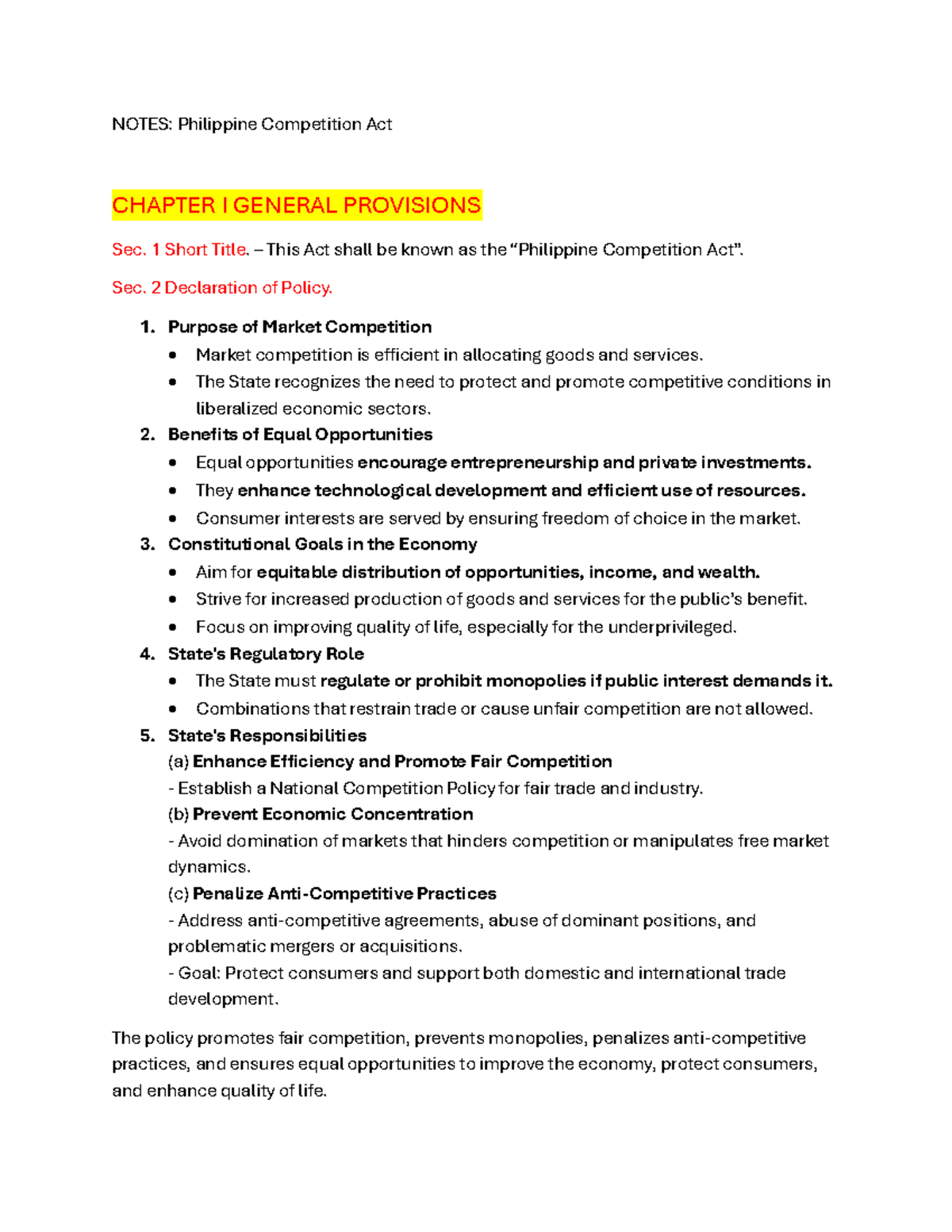 Philippine Competition Act: Comprehensive Notes & Key Provisions - Studocu