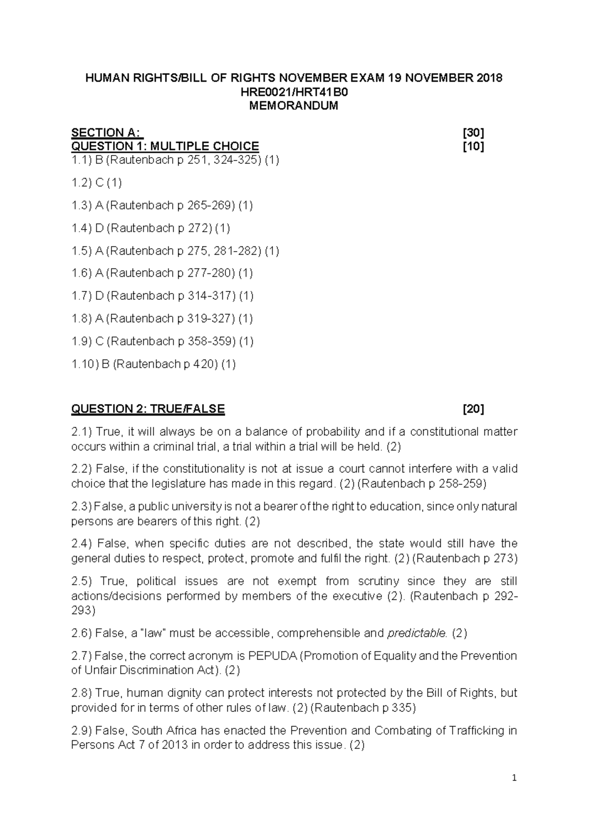 Human Rights EXAM 19 NOV 2018 MEMO - HUMAN RIGHTS/BILL OF RIGHTS ...