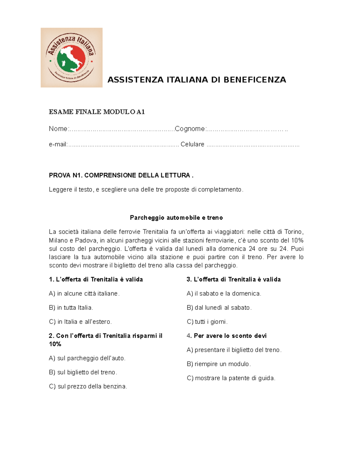 Esame Finale Modulo A1 - Comprensione e Produzione Italiana - Studocu