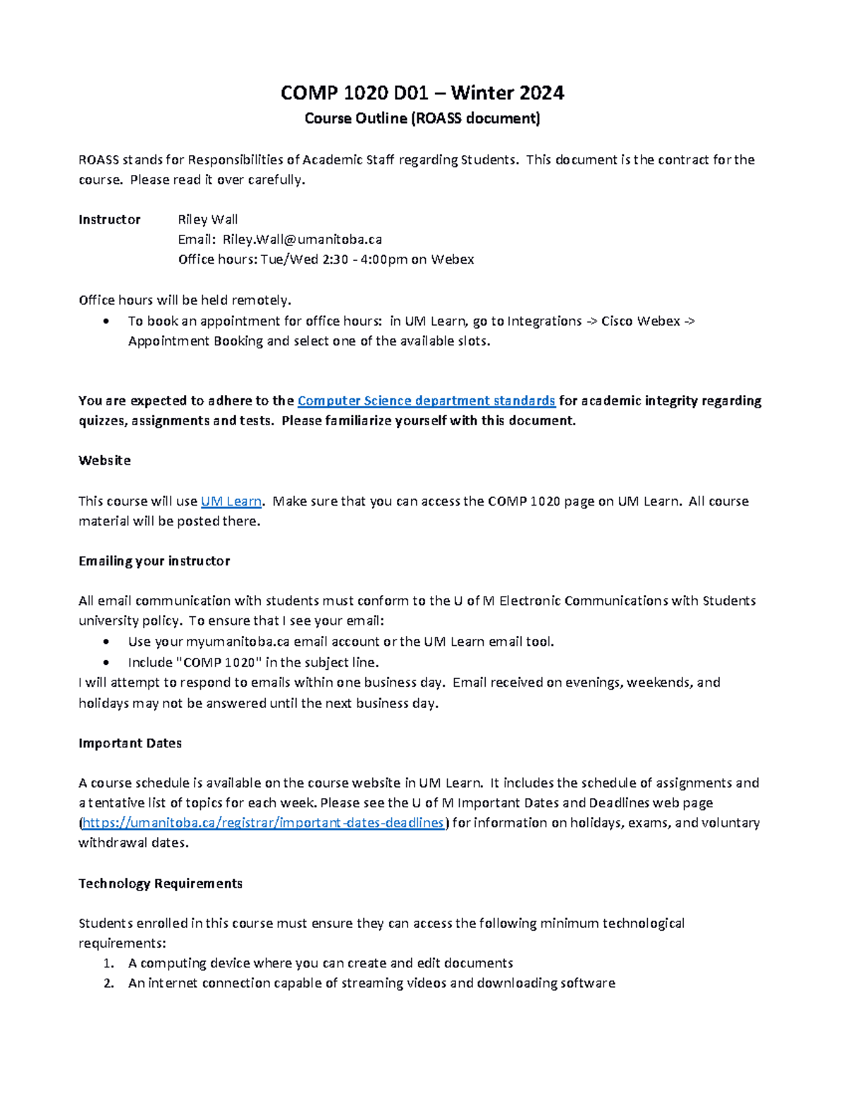 COMP 1020 D01 Winter 2024 Course Outline and Important Info - Studocu