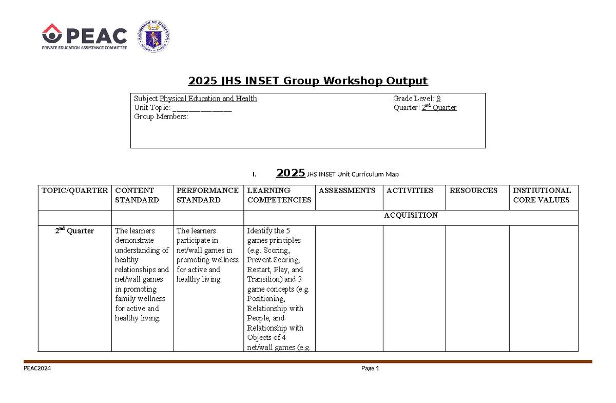 2025 JHS INSET PEAC2024 Unit Learning Plan for Physical Education - Studocu