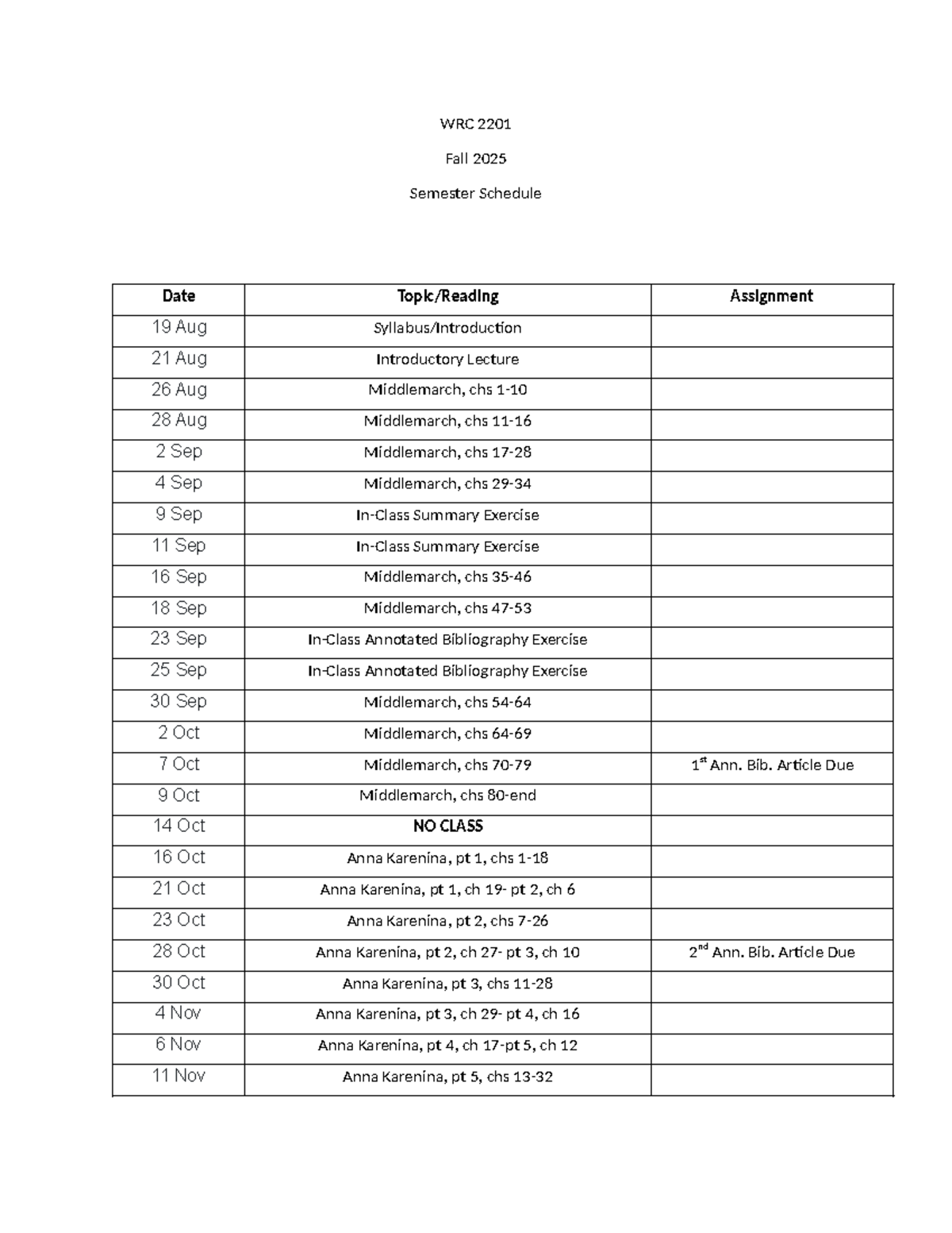 WRC 2201 Fall 2025 Semester Schedule and Lecture Plan - Studocu