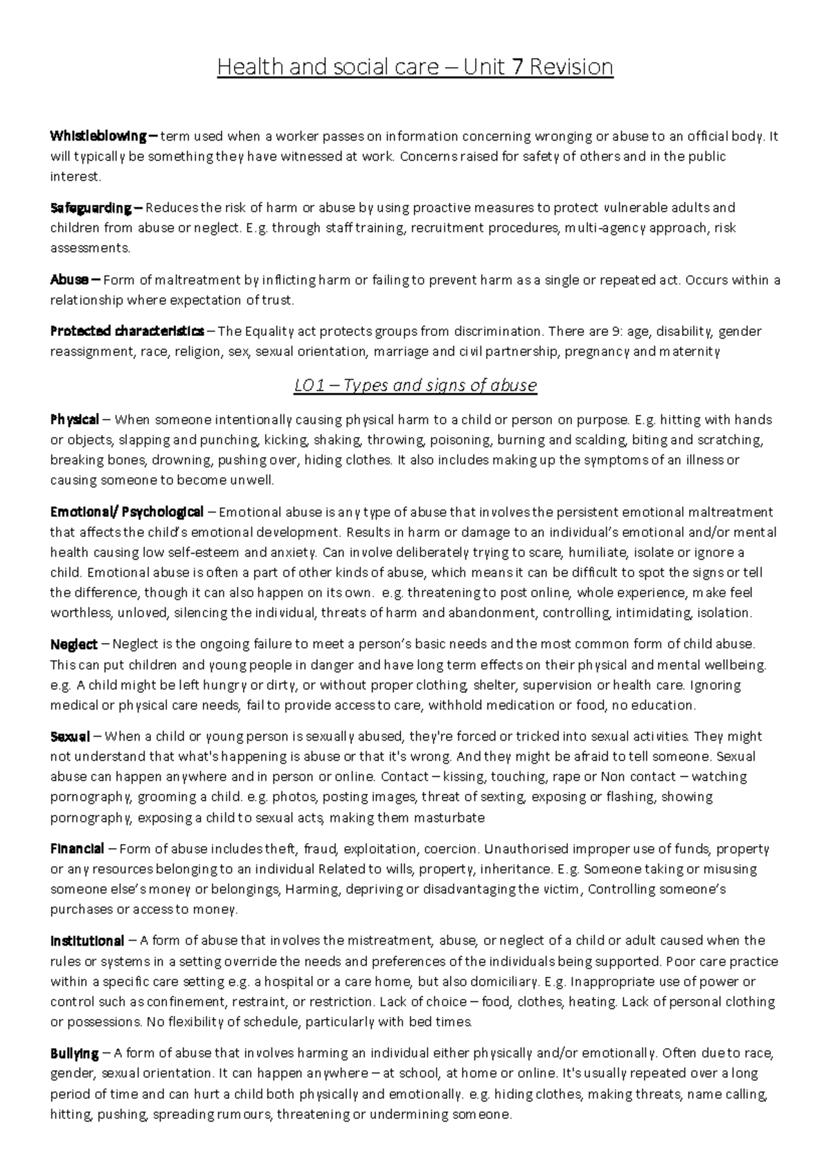Unit 7 - Health and Social Care Abuse and Safeguarding Revision Guide ...