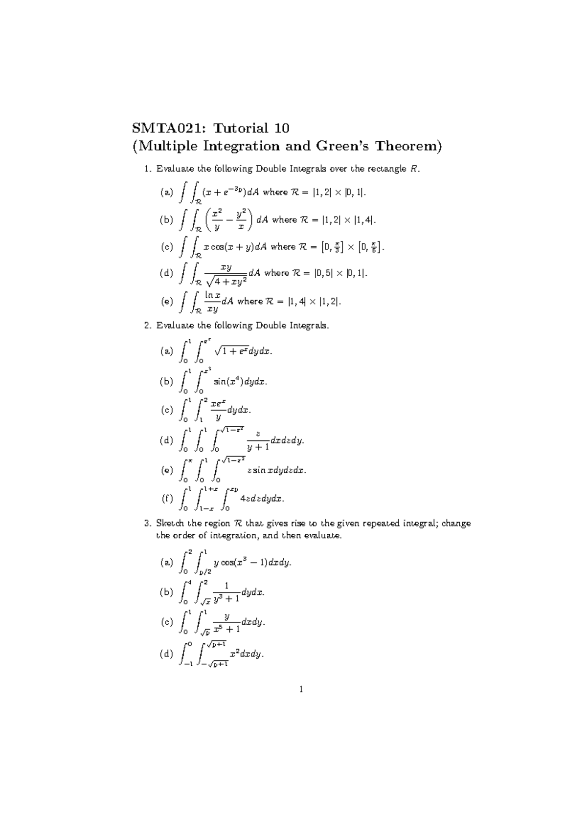 SMTA021: Tutorial 10 on Multiple Integration and Green’s Theorem - Studocu