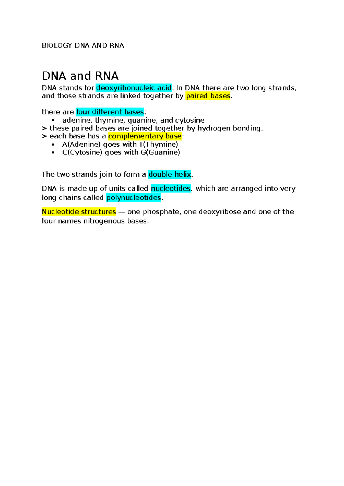 DNA notes - BIOLOGY DNA AND RNA DNA and RNA DNA stands for ...