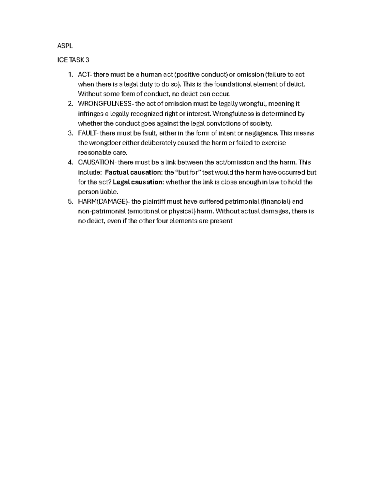 ASPL ICE TASK 3 - Elements of Delict Explained - Studocu