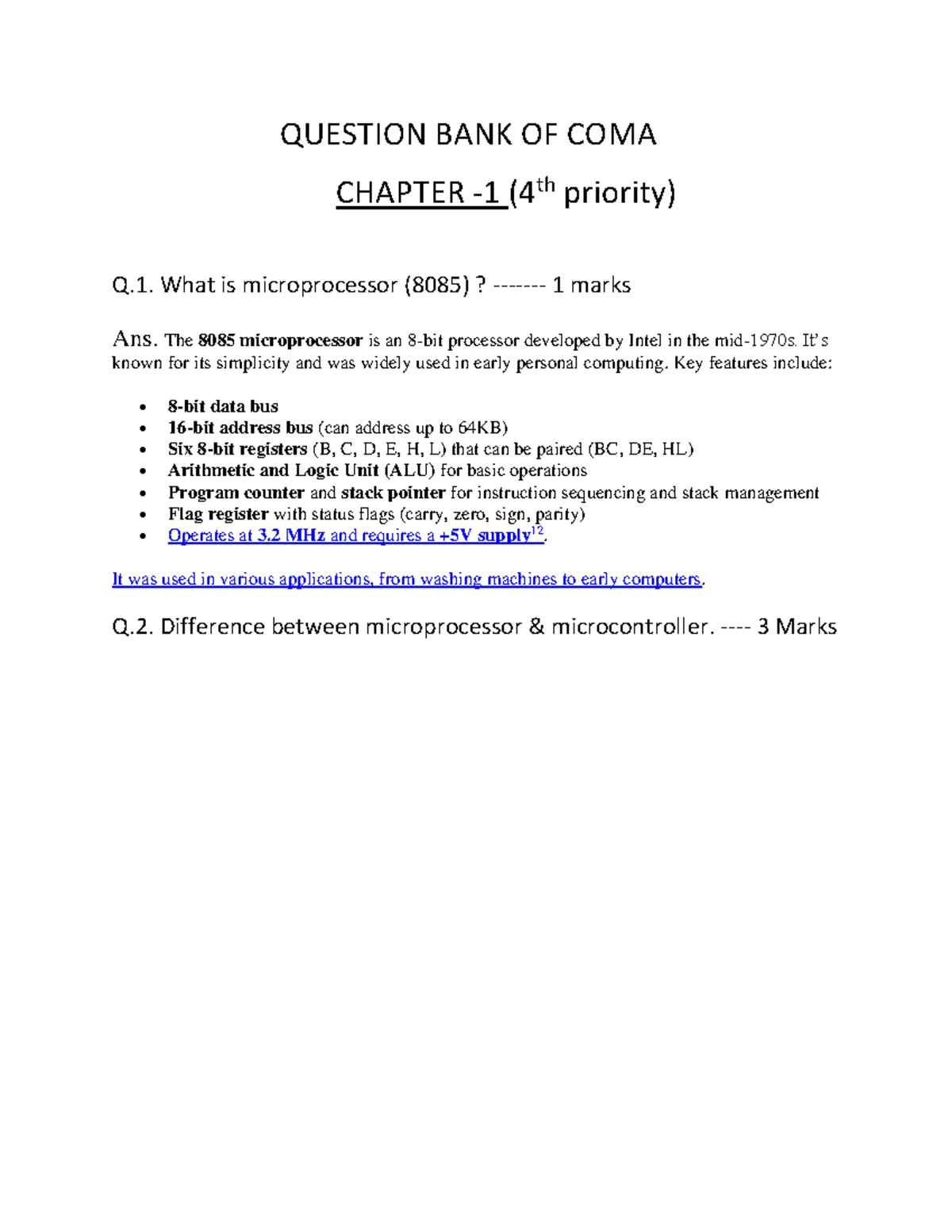 CHAPTER NOTES: 8085 MICROPROCESSOR - Q&A REVIEW - Studocu