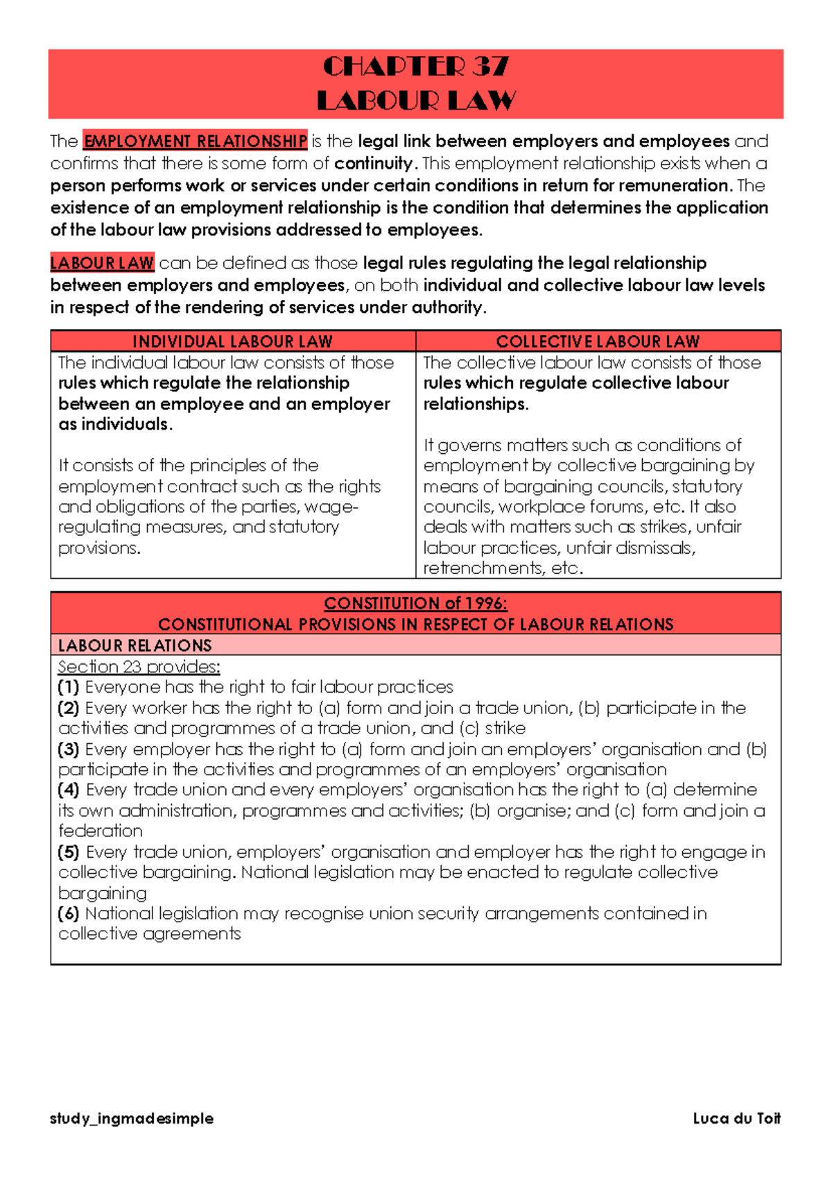 Chapter 37: Labour Law - Employment Relationship Overview - Studocu