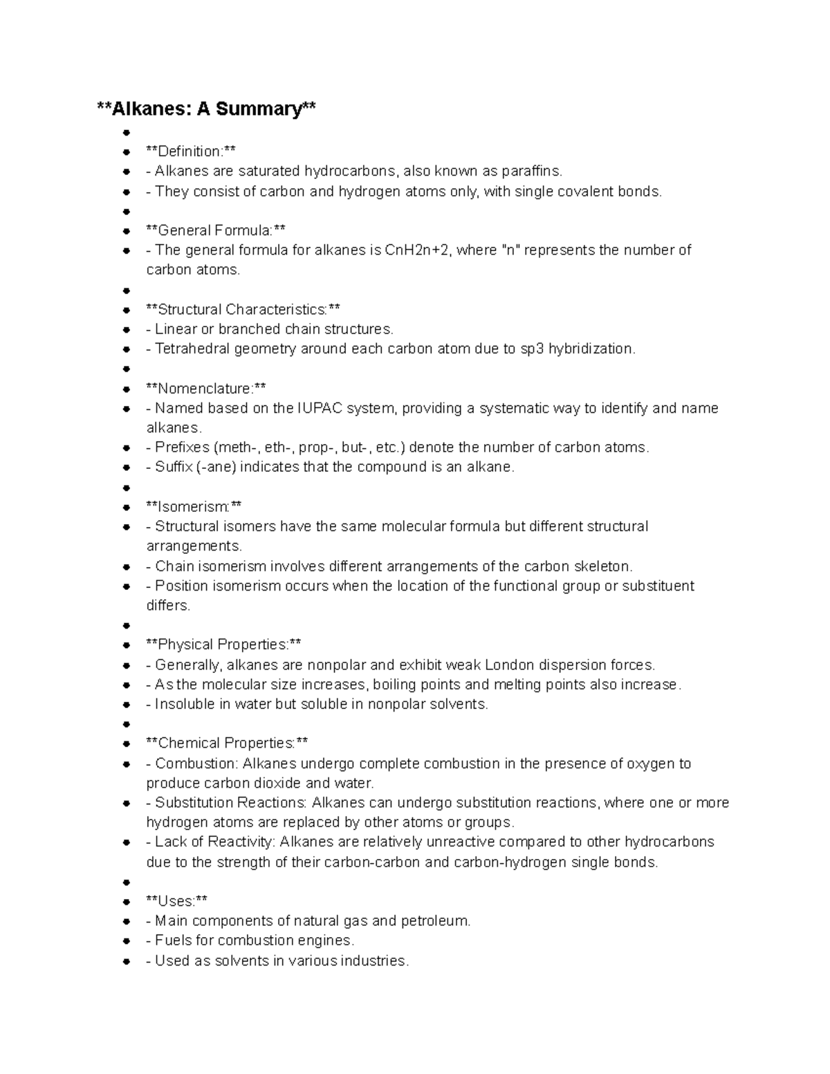 Alkanes Overview: Definition, Properties & Uses - Chem 101 Notes - Studocu
