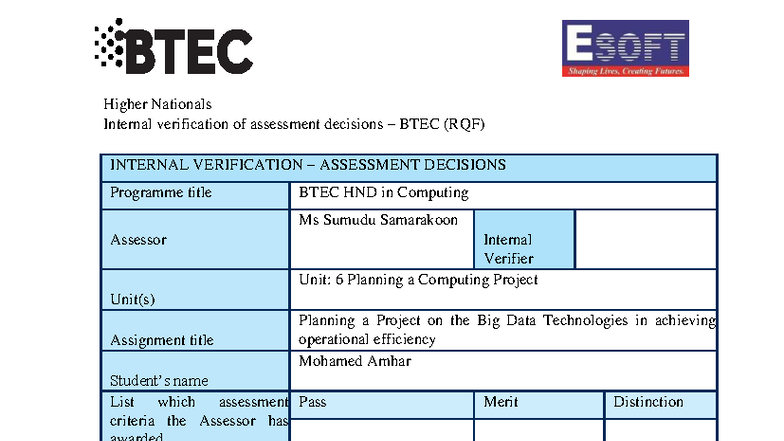 BTEC HND Computing Unit 6: Big Data Project Planning Report - Studocu