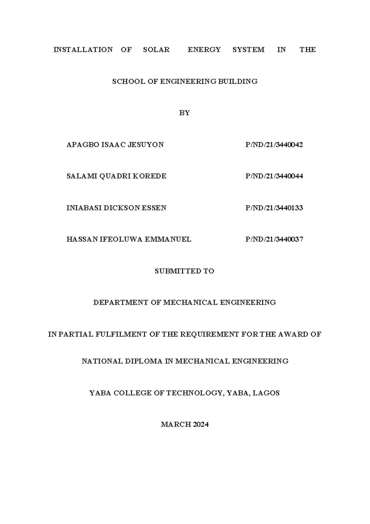 Installation of Solar Energy System: ND Project Report for MECH 2024 ...