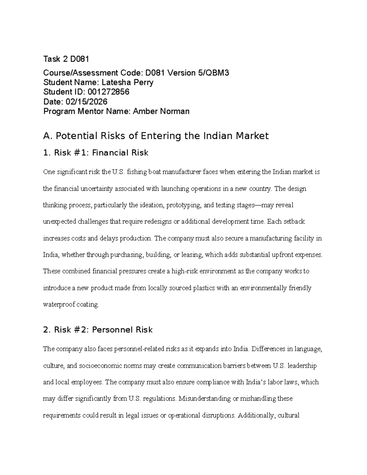 Task 2 D081: Analyzing Risks and Strategies for Indian Market Entry ...
