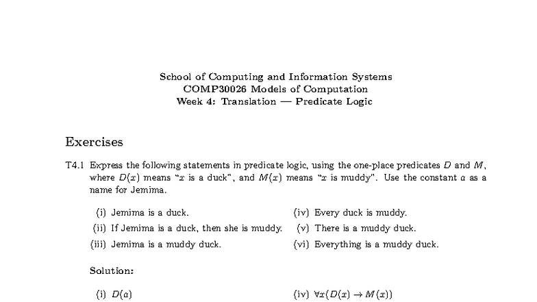 COMP30026 Models of Computation Week 4: Predicate Logic Exercises ...