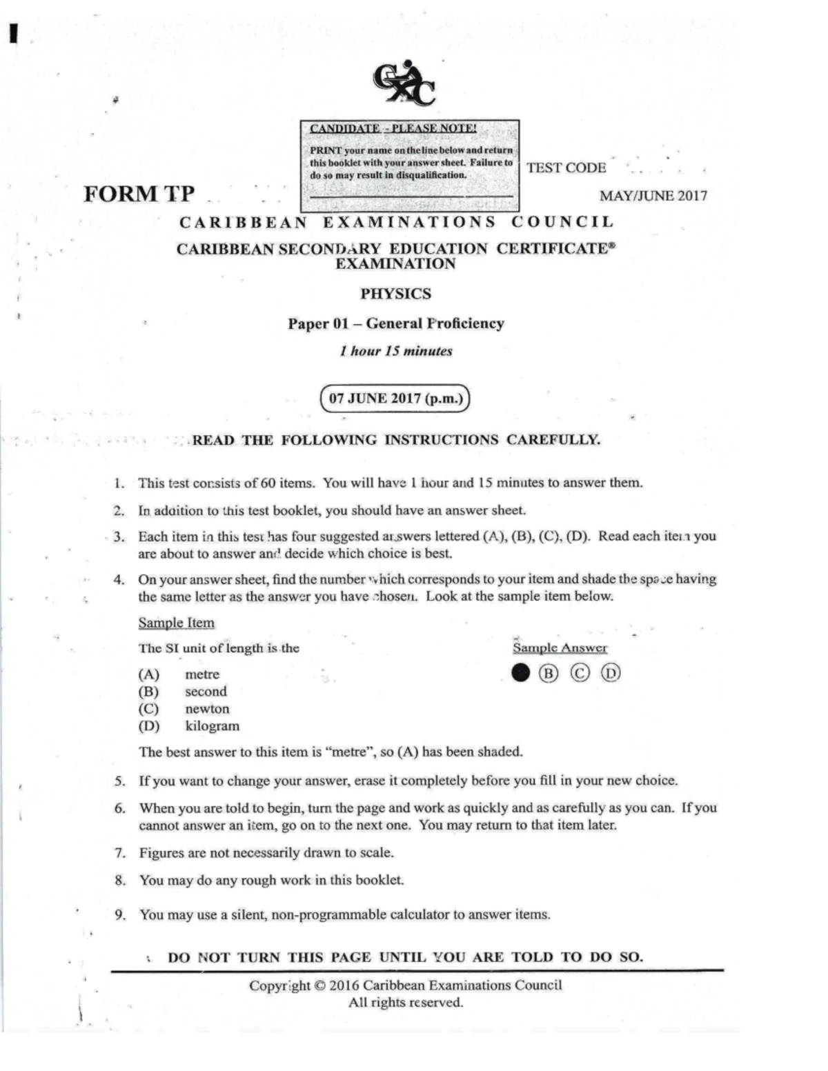 CSEC Physics Paper 01 General Proficiency Exam 2015 - Test Code ...