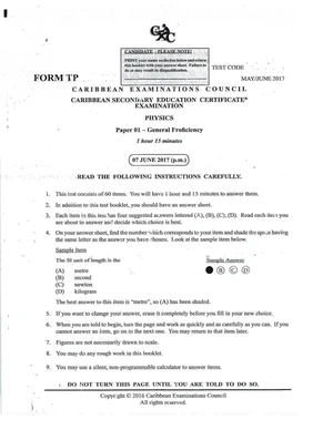 CSEC Physics Paper 01 General Proficiency Exam 2015 - Test Code ...