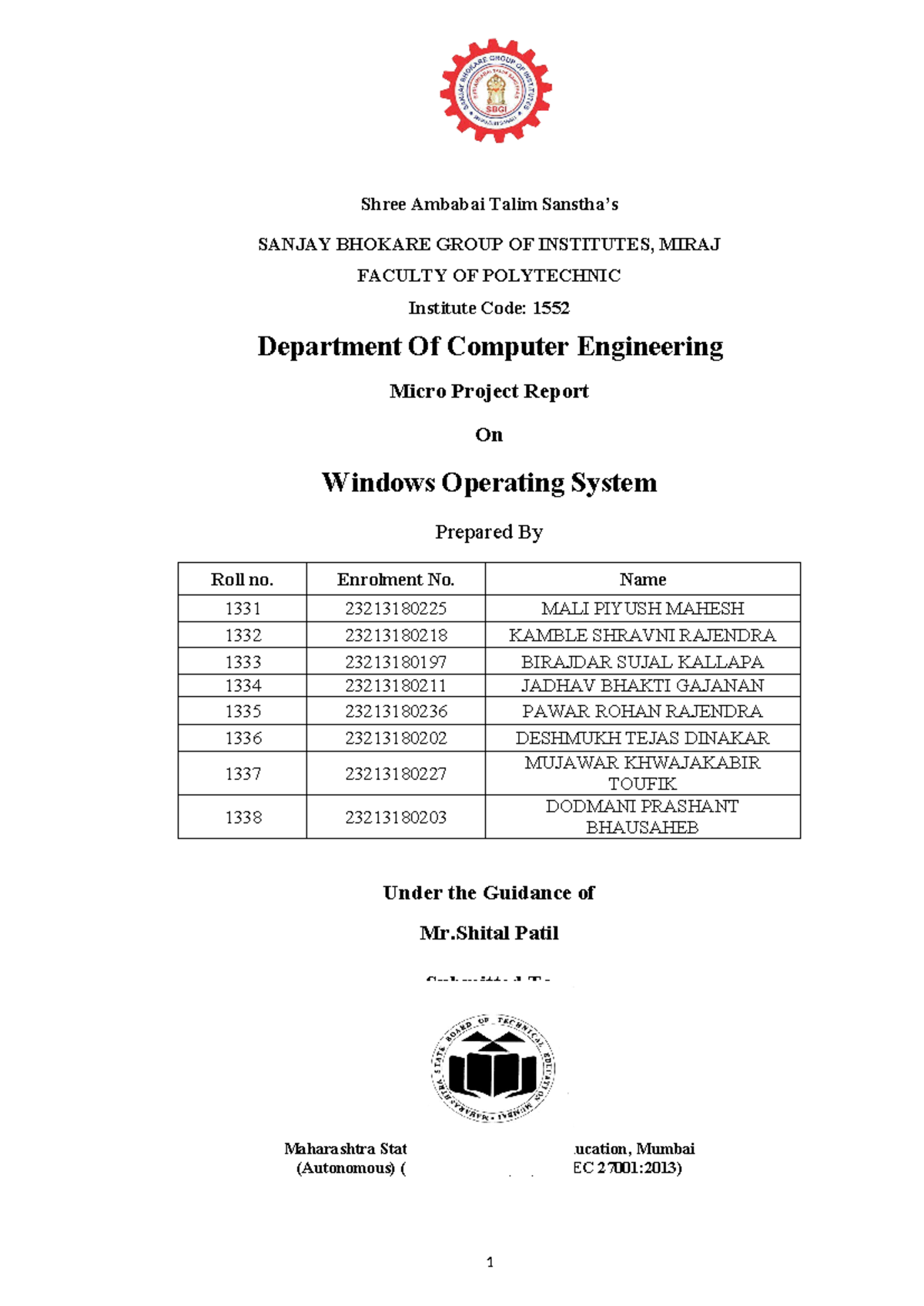 Micro Project Report on Windows Operating System - Code: 1552 - Studocu