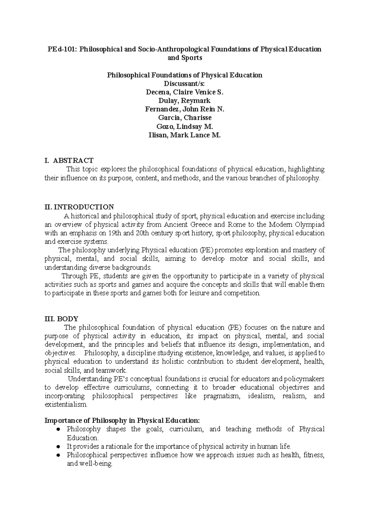 PEd-101: Philosophical Foundations of Physical Education & Sports ...