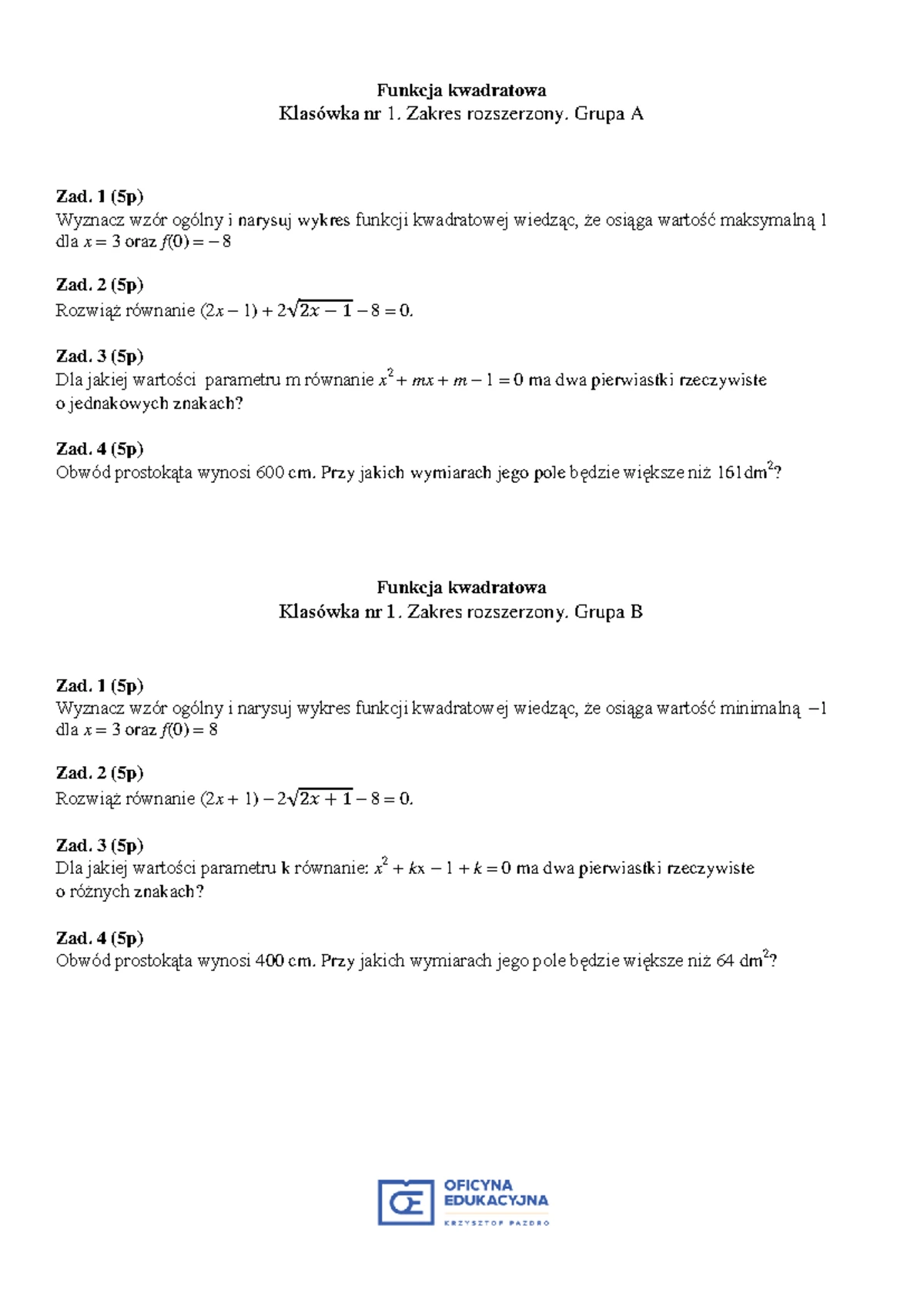 Sprawdzian Z Funkcji Kwadratowej Grupa A www.studocu.com