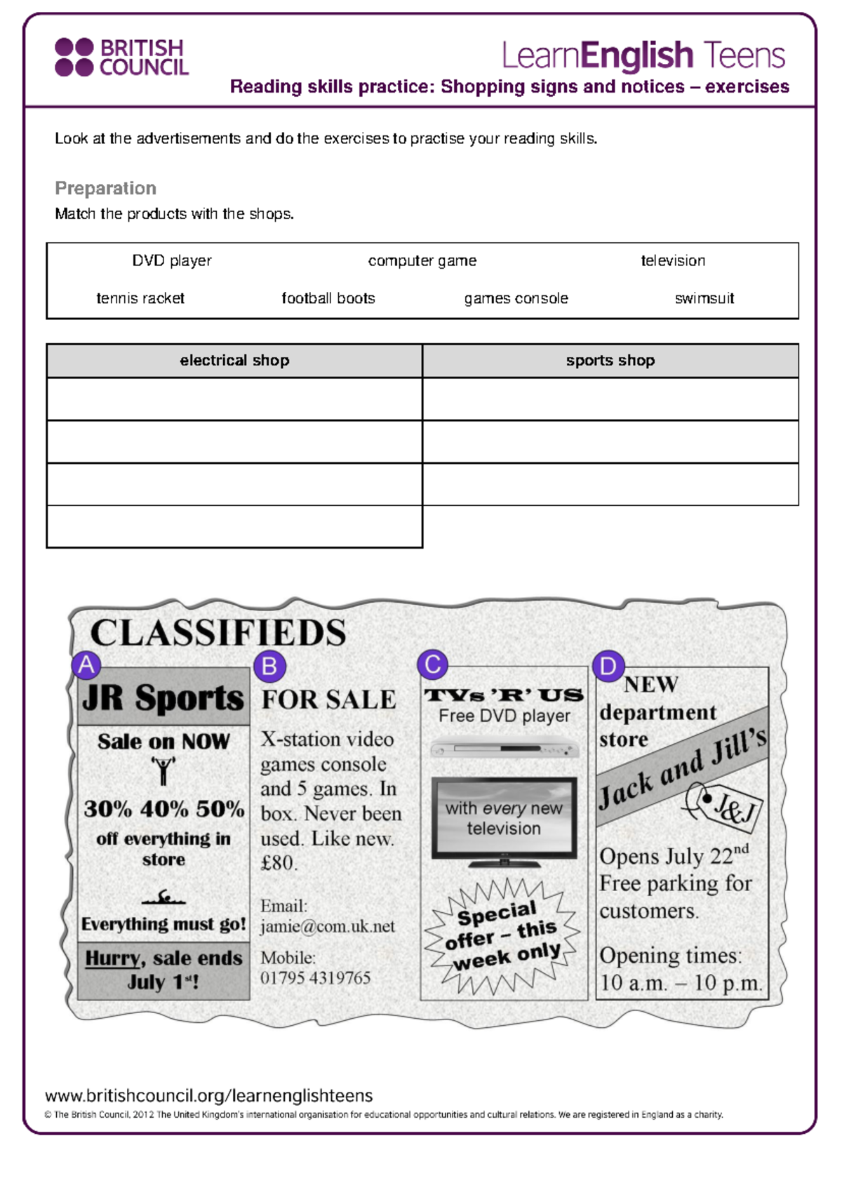 Reading Skills Practice: Shopping Signs & Notices Exercises - Studocu