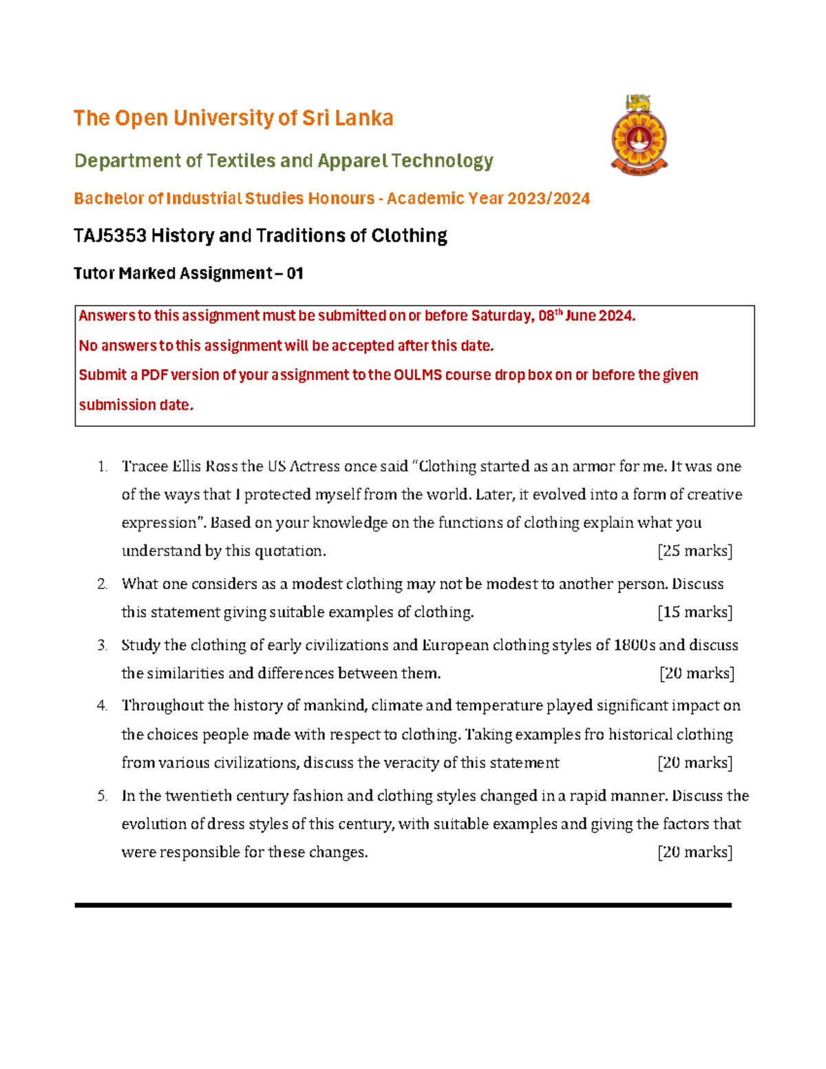 TAJ5353 TMA 01: History & Traditions of Clothing Analysis - Studocu