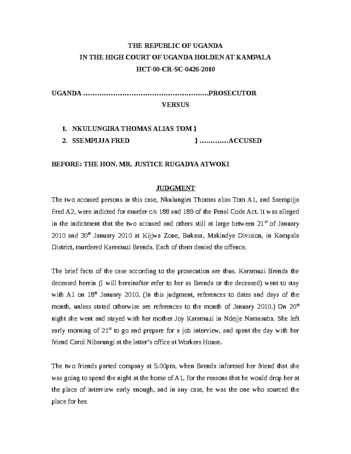 UGANDA V. NKULUNGIRA THOMAS ALIAS TOM & ANOR: MURDER CASE JUDGMENT ...
