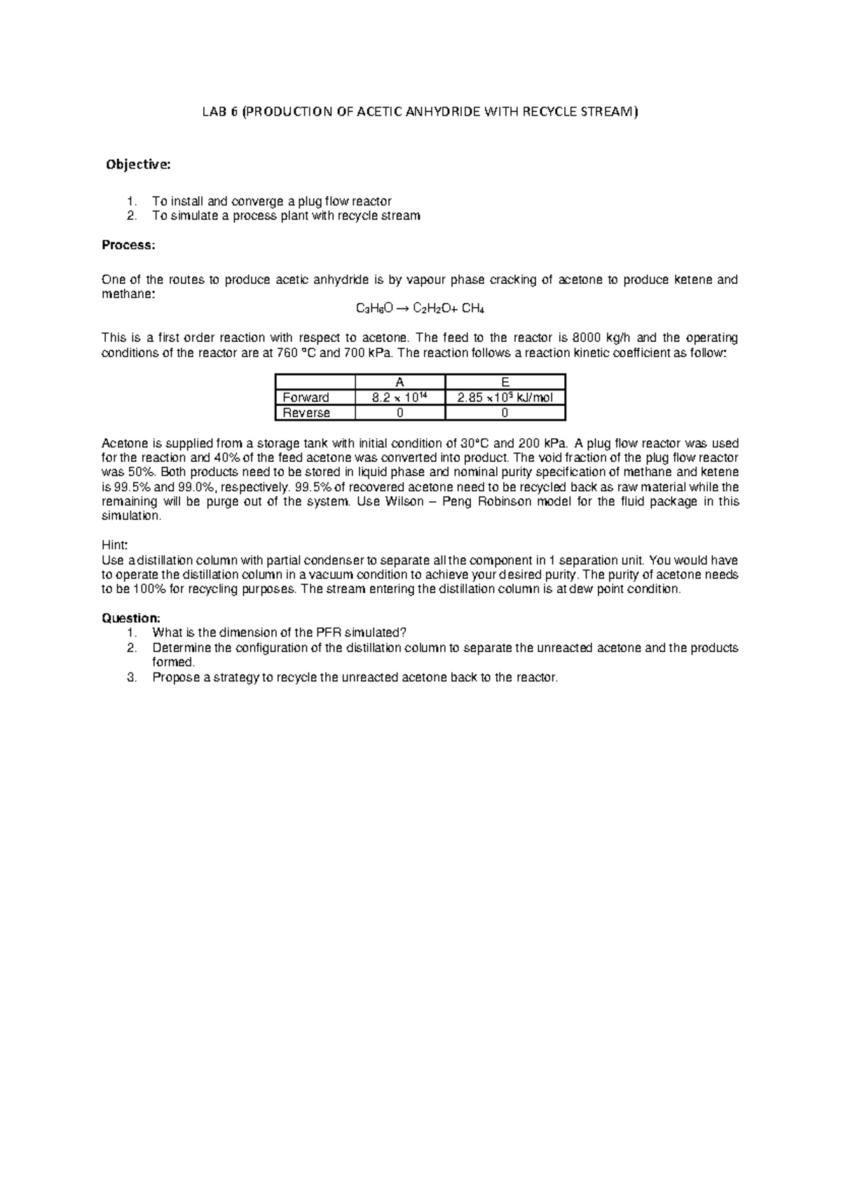 LAB 6 CPE605 - Simulation of PFR with Recycle Stream for Acetic ...