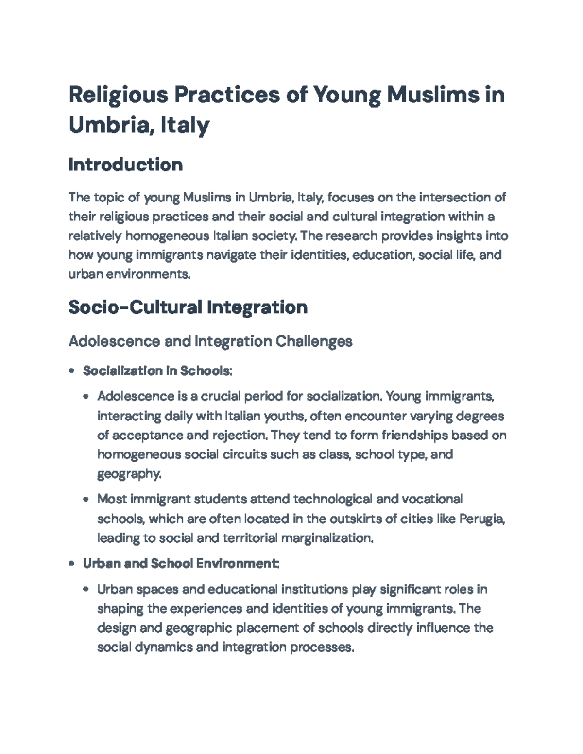 Religious Practices & Cultural Integration of Young Muslims in Umbria ...