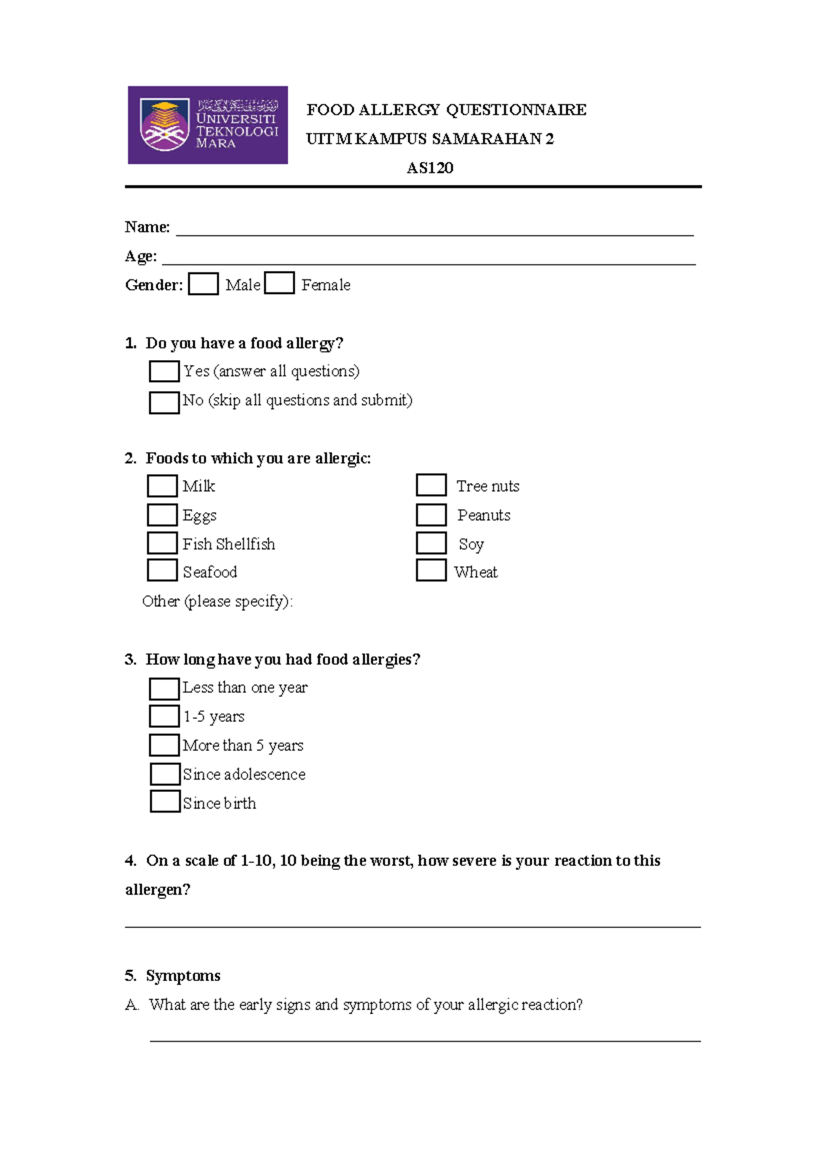 FOOD Allergy Questionnaire Draft - UITM KAMPUS SAMARAHAN 2 - Studocu