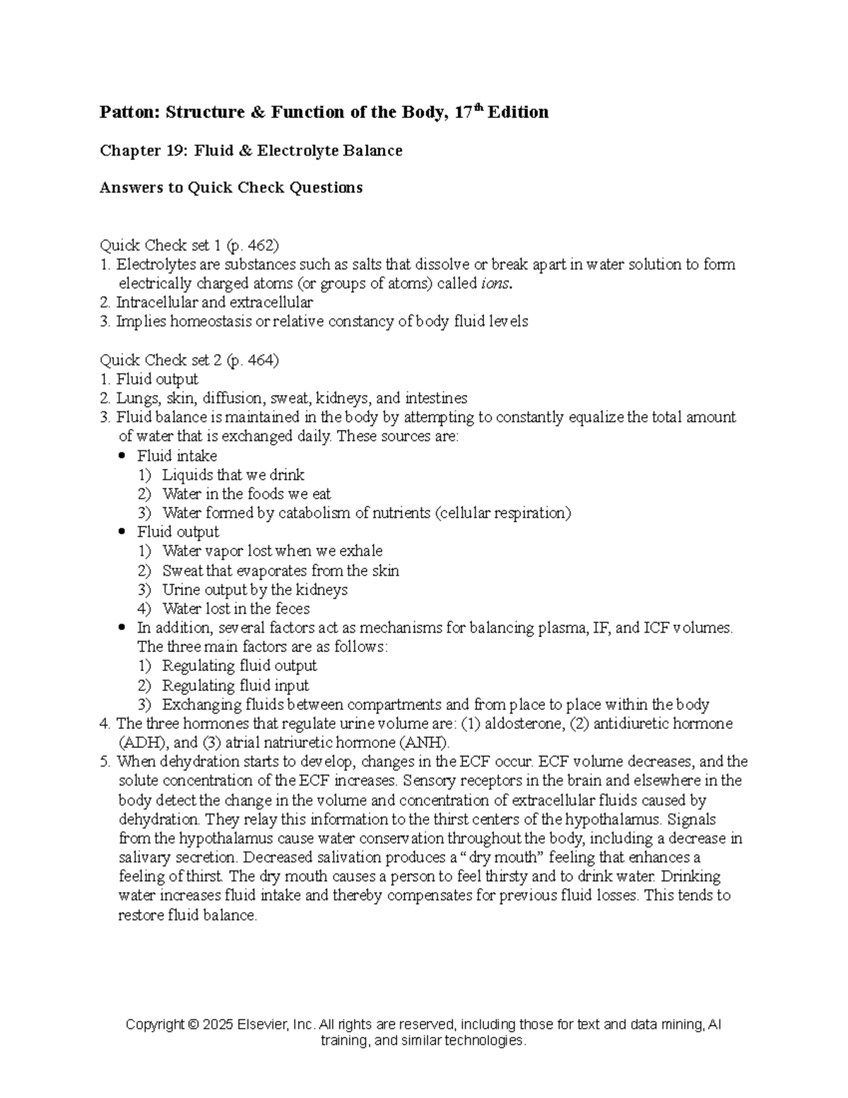 Patton: Chapter 19 - Fluid & Electrolyte Balance Nursing Notes - Studocu