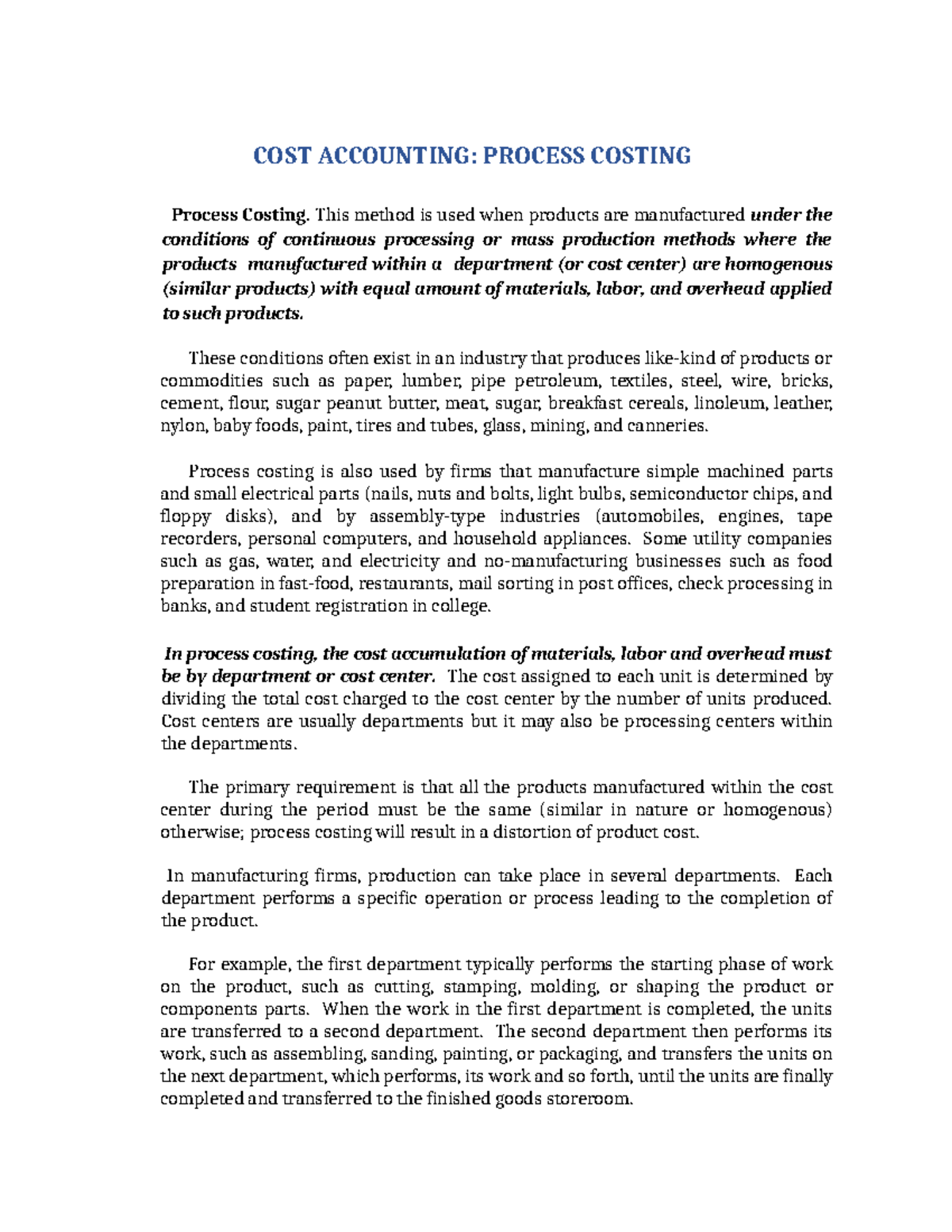 COST ACCOUNTING: Process Costing Overview and Applications - Studocu