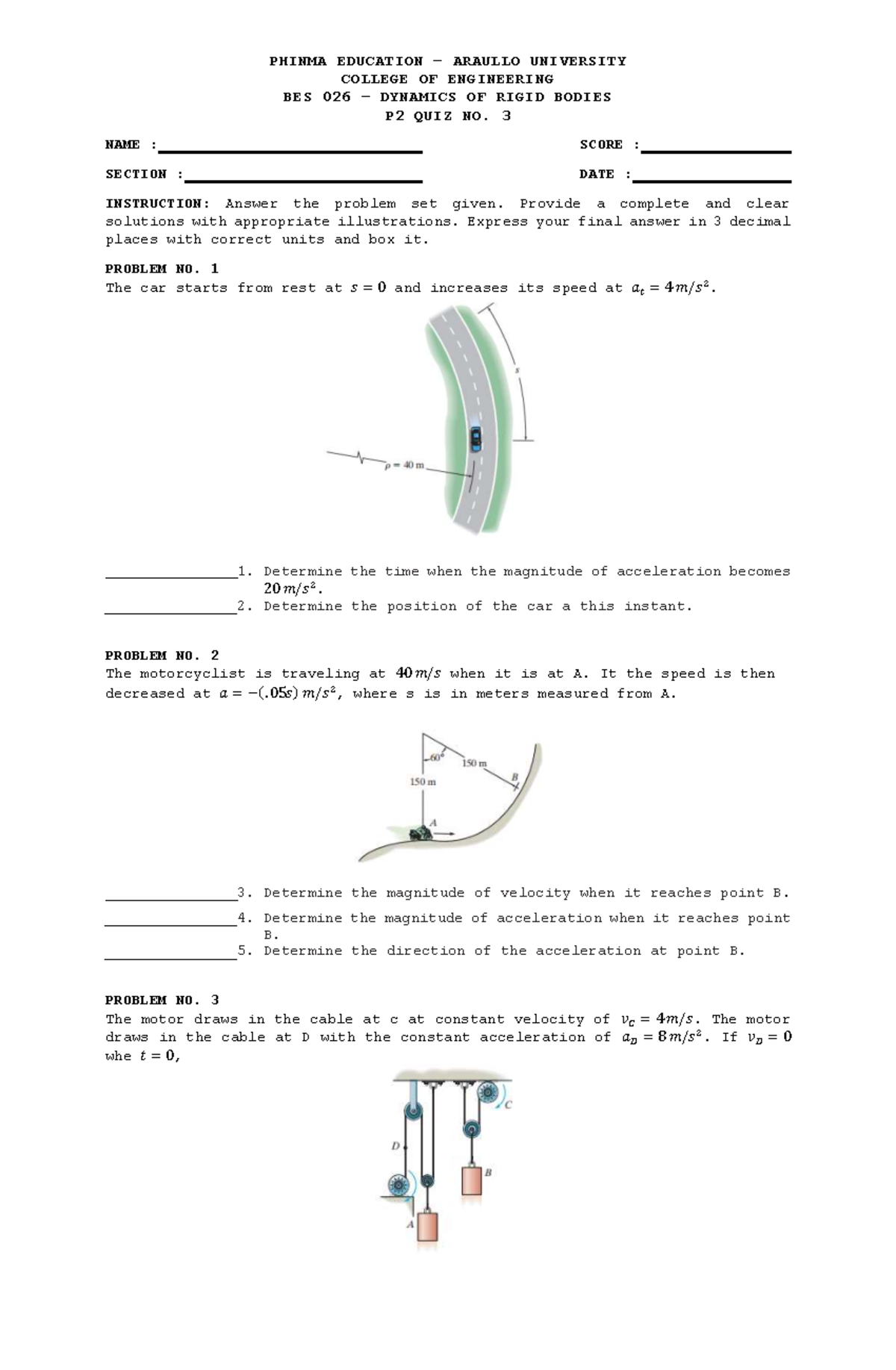 BES 026 - Dynamics of Rigid Bodies P2 Quiz No. 3 Practice Materials ...