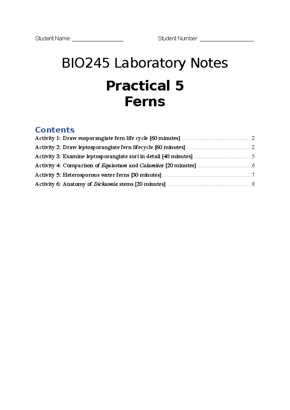 BIO245 Lab Notes: Practical 5 - Ferns Lifecycle & Anatomy - Studocu