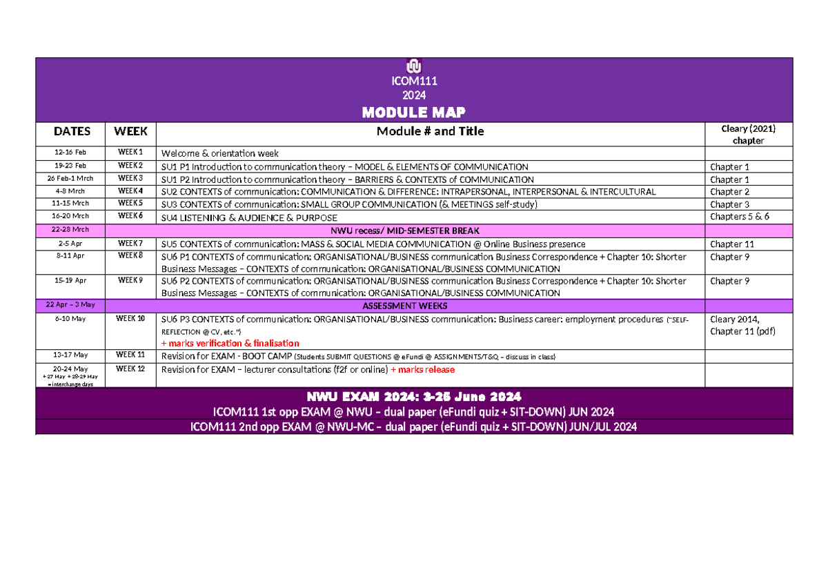 ICOM111 2024 Module Map and Exam Schedule Overview - Studocu